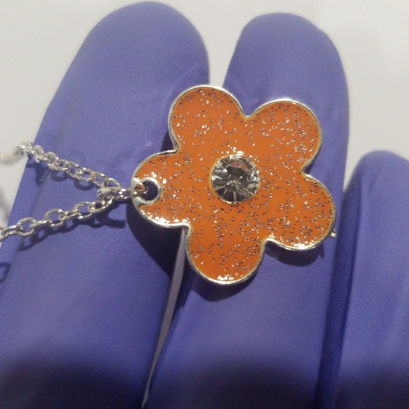 Silver-Tone Chain Flower Pendant Necklace – Glitter Enamel & Crystal Center - Picture 8 of 8